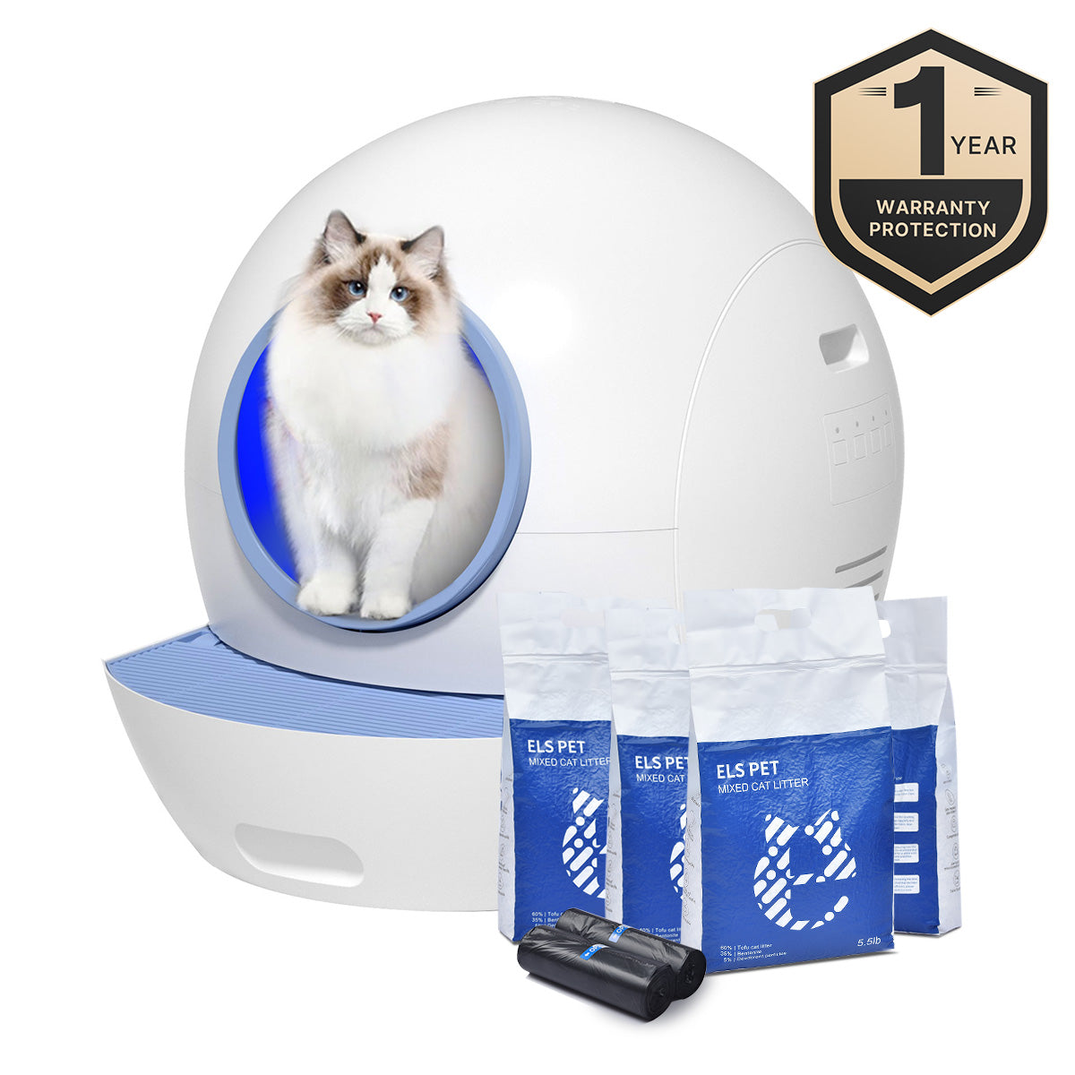 Els Pet Spaceship Self Cleaning Litter Box with 1-Year Warranty & 4 Bags of Litter