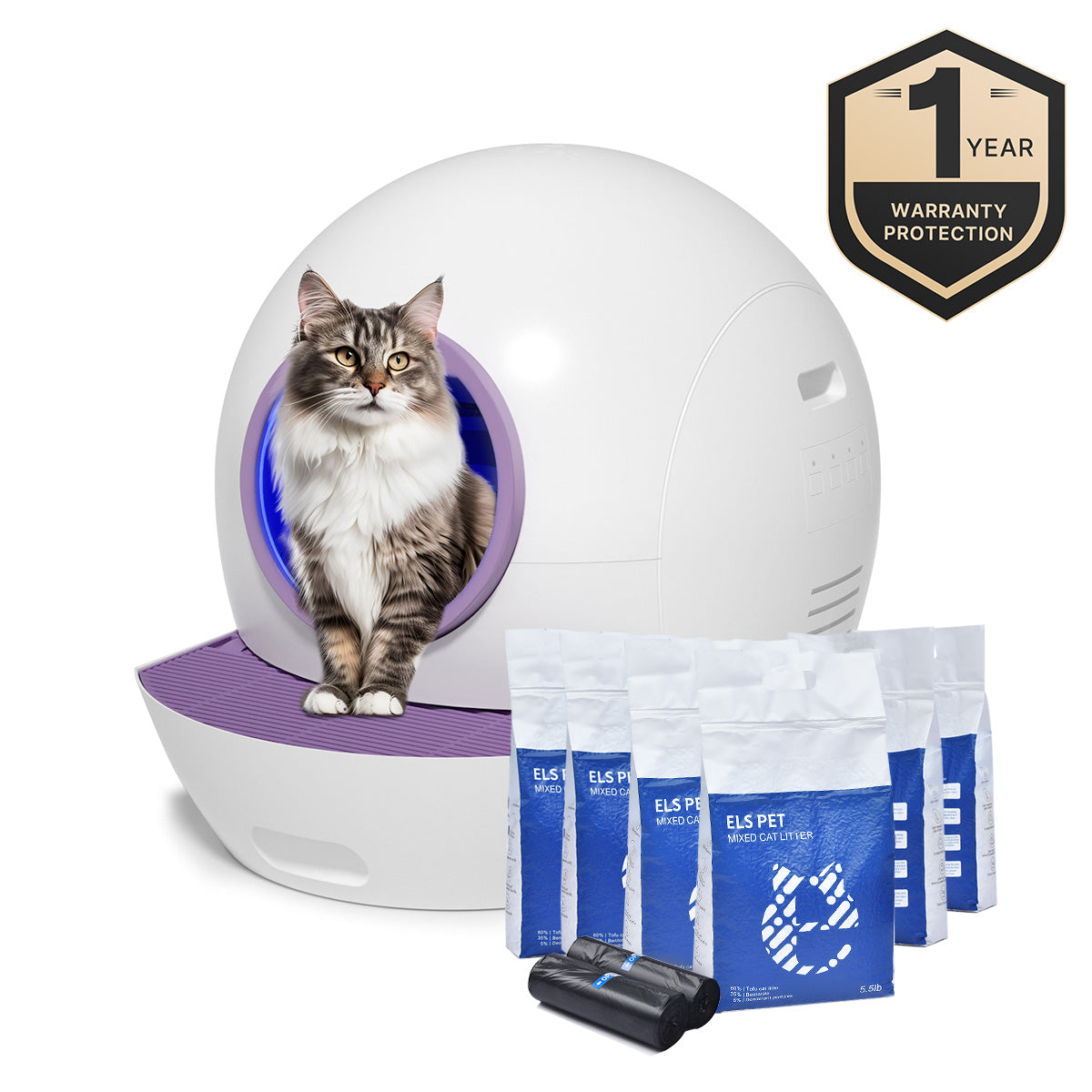 Els Pet Spaceship Self Cleaning Litter Box with 1-Year Warranty & 6 Bags of Litter