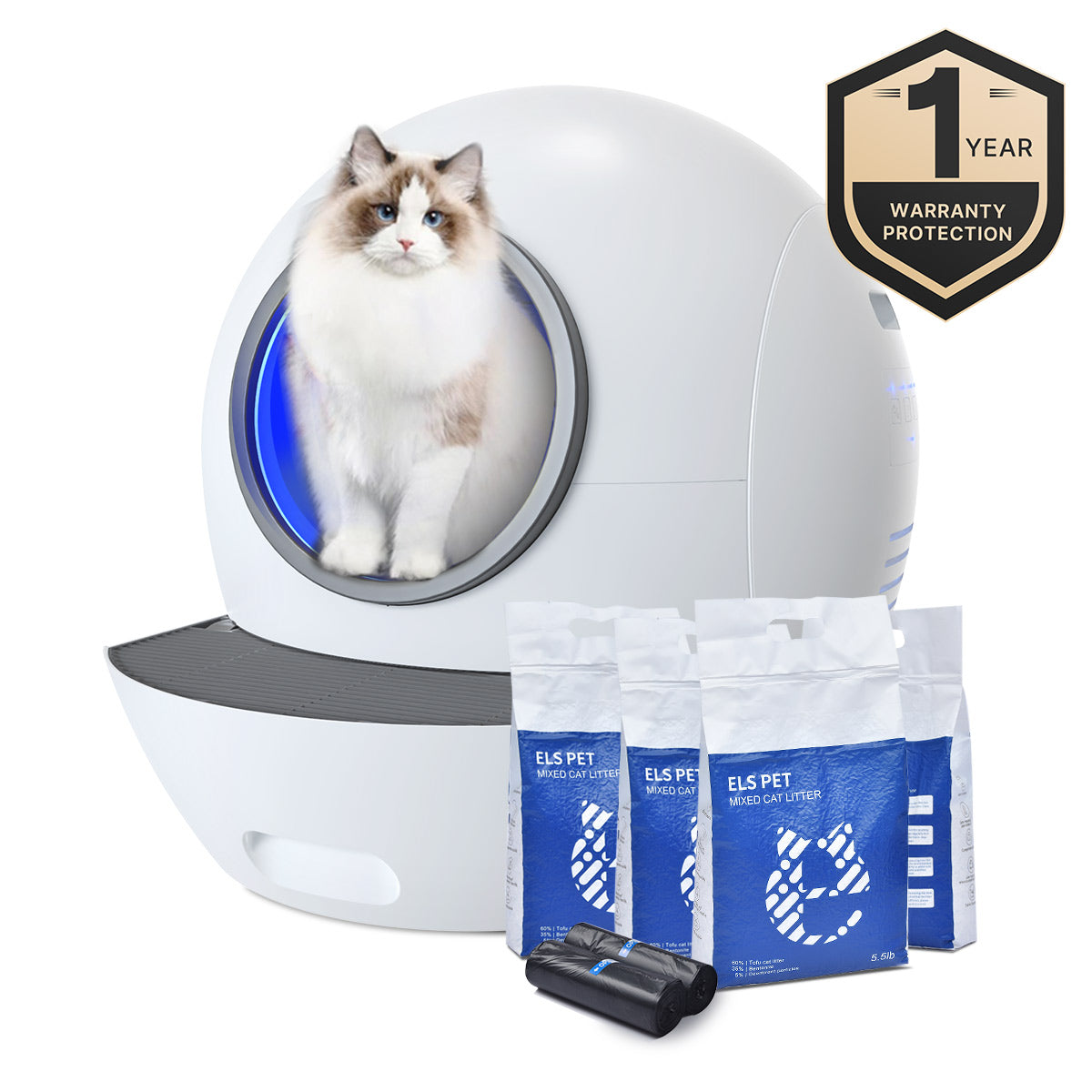 Els Pet Spaceship Self Cleaning Litter Box with 1-Year Warranty & 4 Bags of Litter